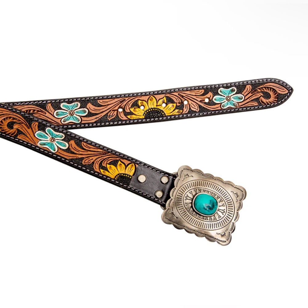 NWT Myra Western Hand Tooled Leather Belt w/ Hair On Hide & Turquoise Accents - Picture 5 of 15